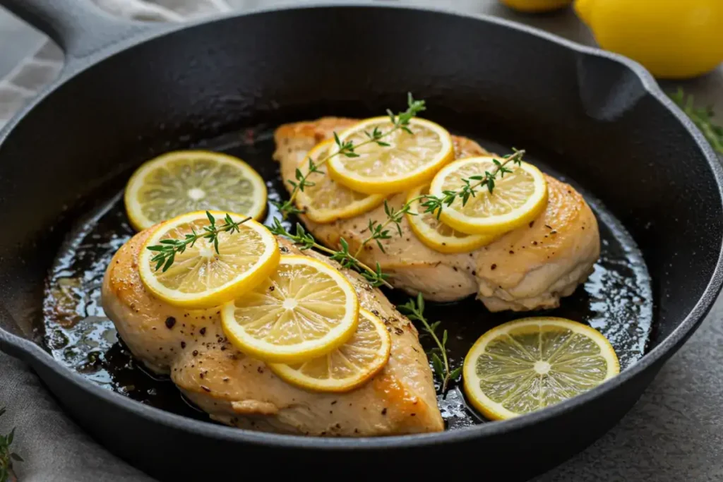  Thin sliced chicken breasts with lemon garnish