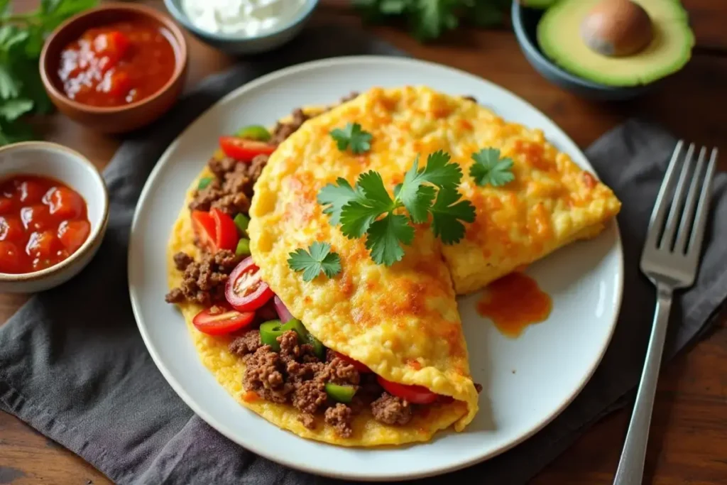aco Omelette using leftover taco meat.