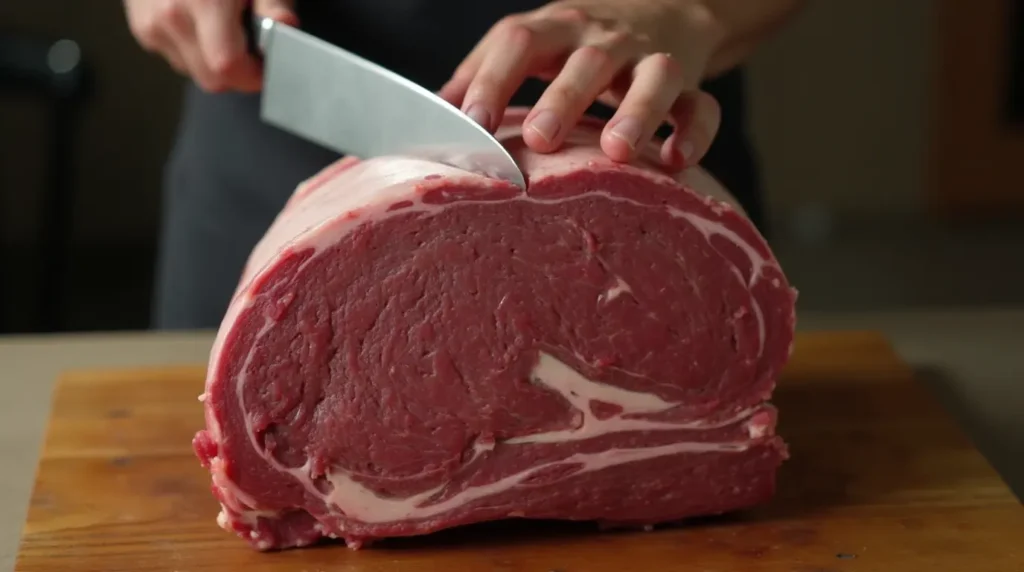 Applying prime rib rub recipe: salt, pepper, herbs, and spices