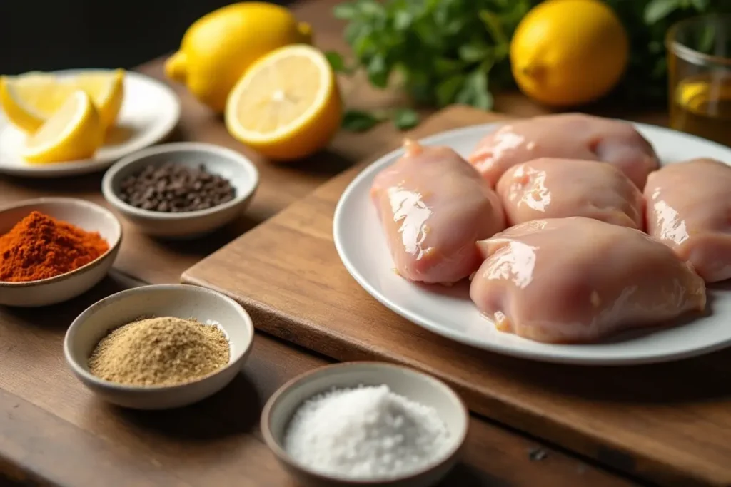 Wooden countertop with ingredients for lemon pepper chicken thighs, including chicken, lemon, spices, and olive oil.
