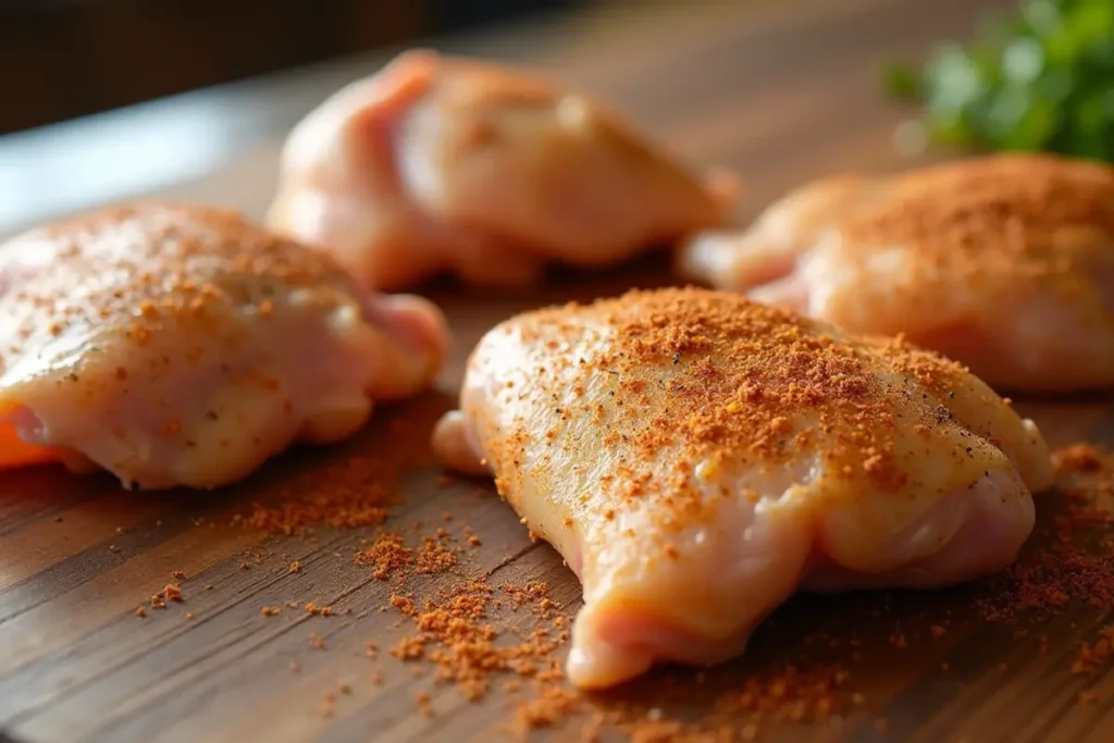 Chicken pieces coated with a blend of seasonings including paprika, garlic powder, salt, and lemon pepper