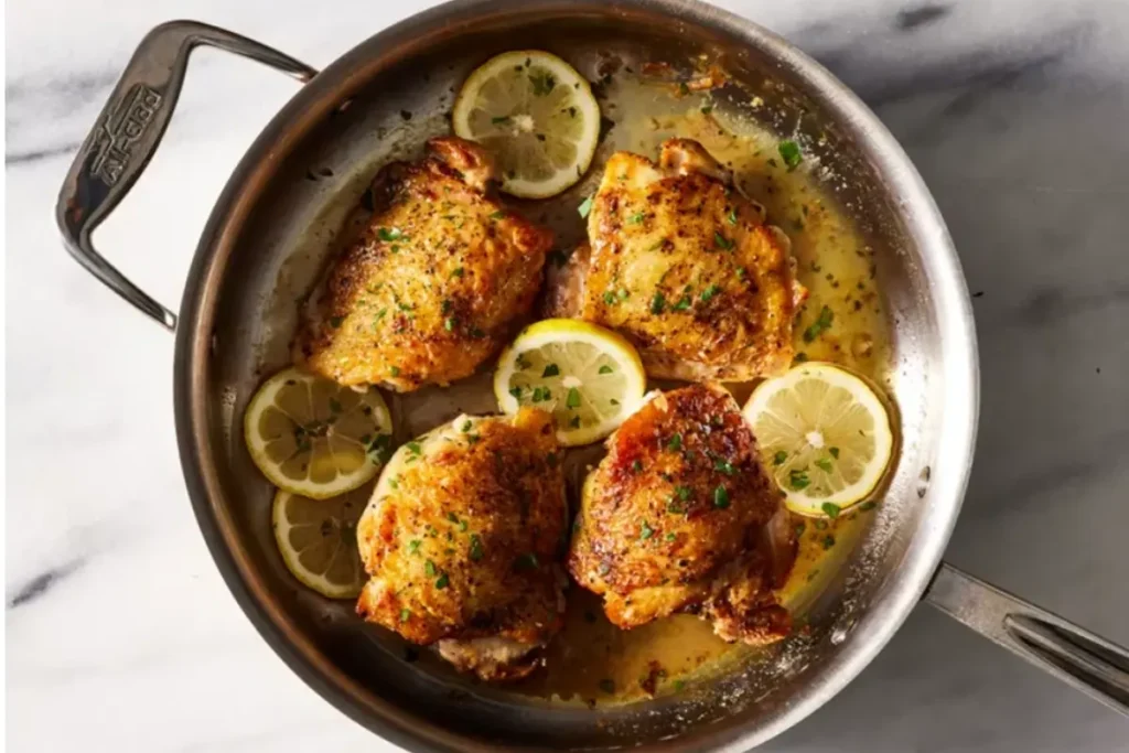 Skillet with well-cooked golden chicken pieces, accompanied by fresh lemon slices