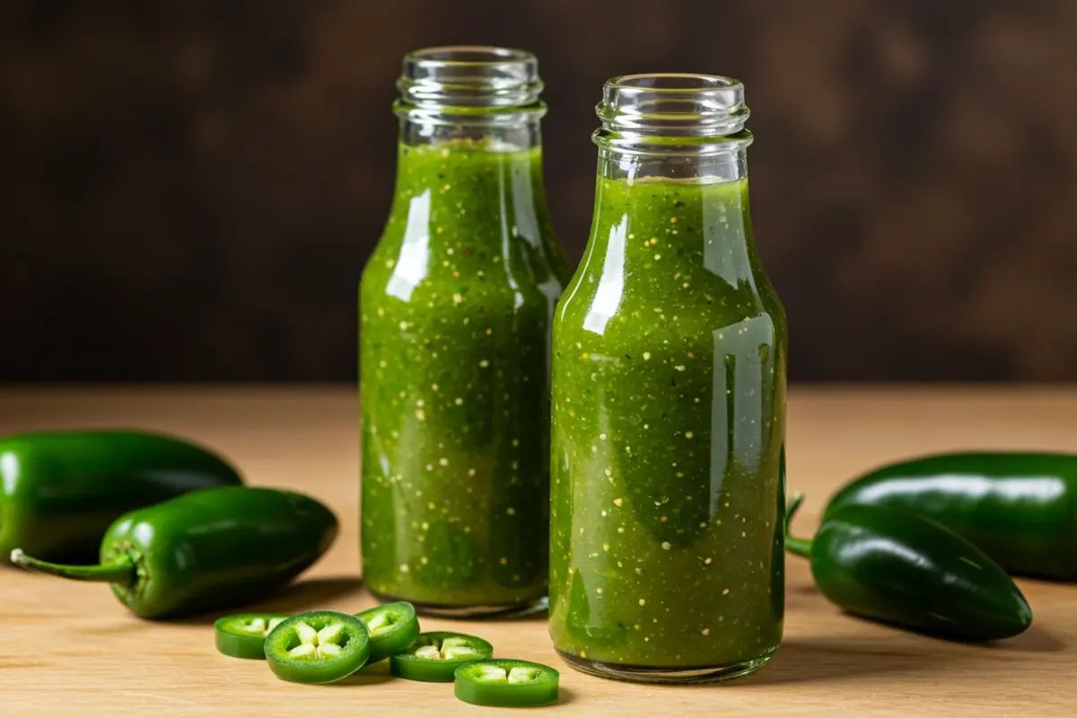 Homemade jalapeno chili sauce in a bottle with fresh jalapenos