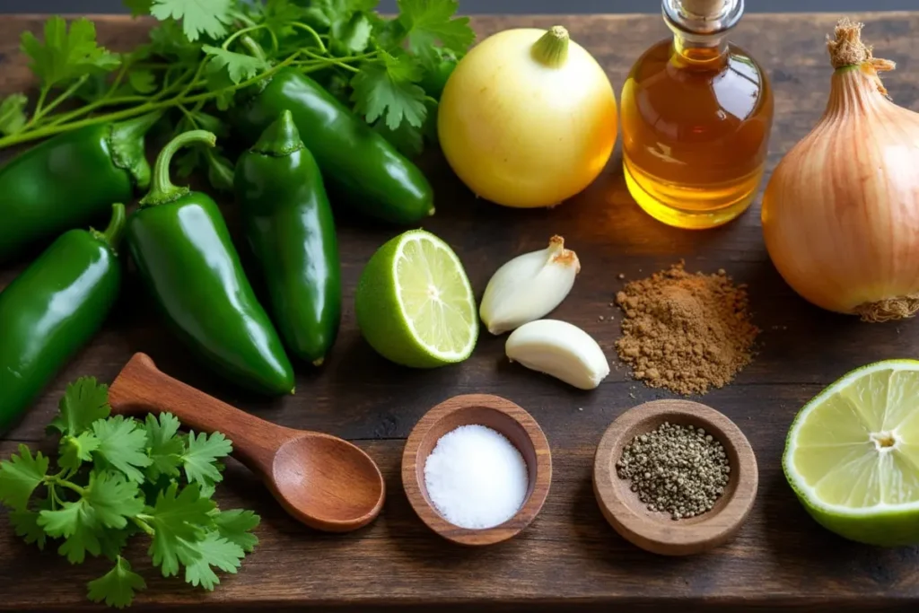 Fresh ingredients for homemade jalapeno chili sauce recipe.