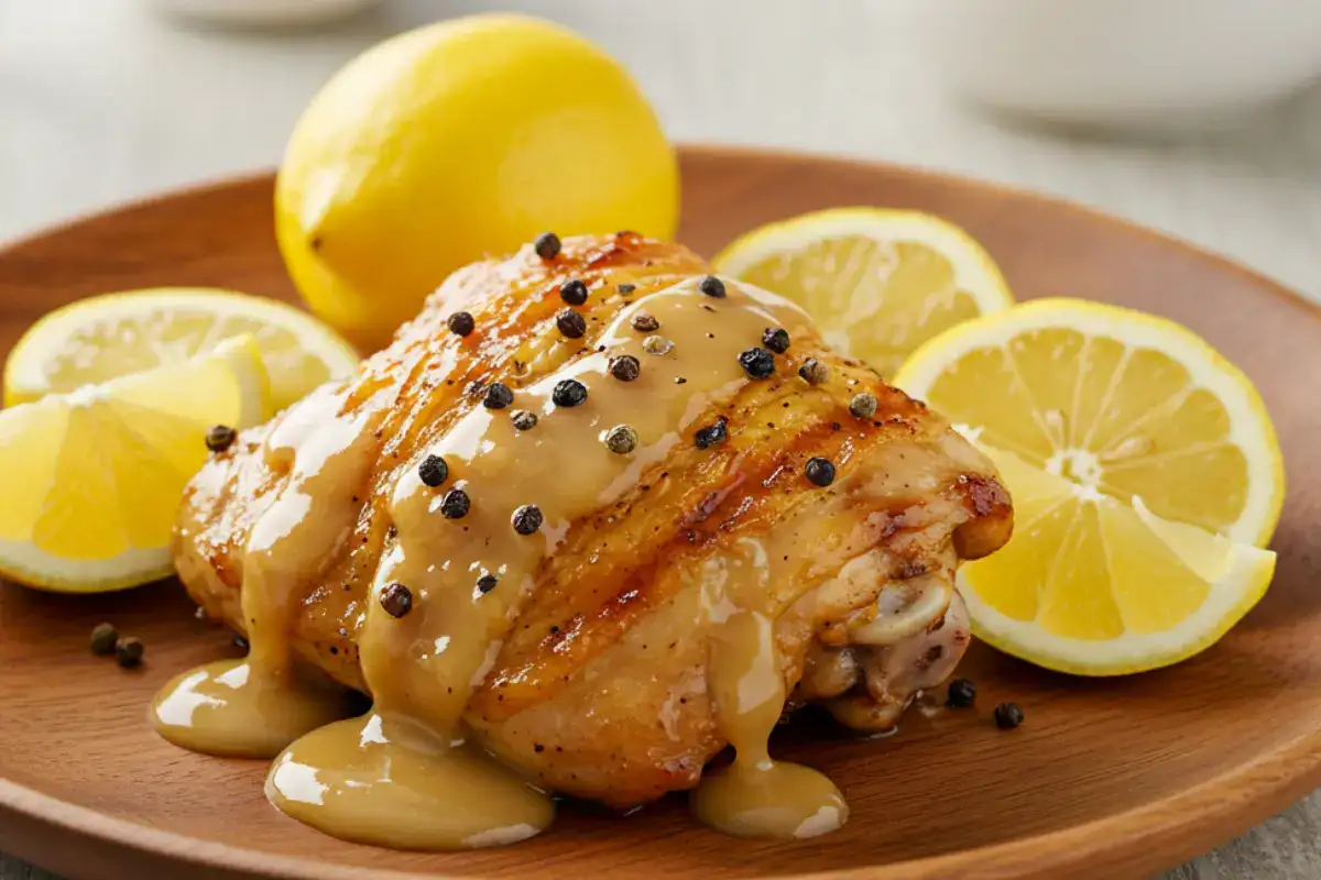 Chicken with lemon pepper sauce, served hot