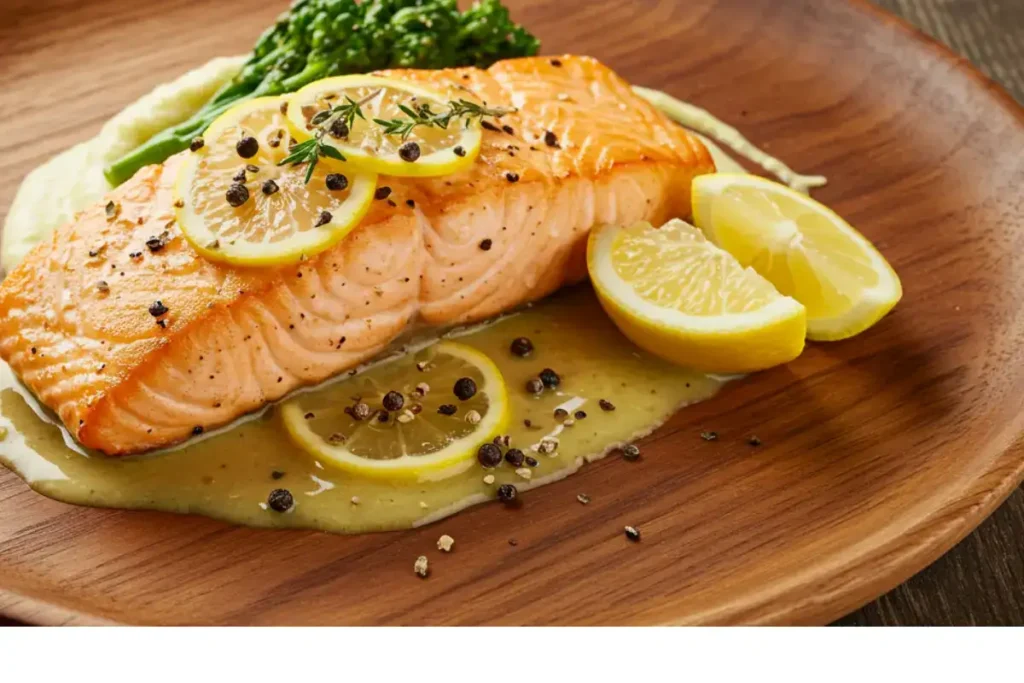 Salmon with lemon pepper sauce, served fresh.   