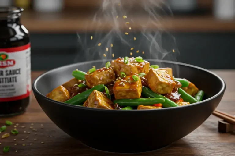 Bowl of cooked food with oyster sauce substitute