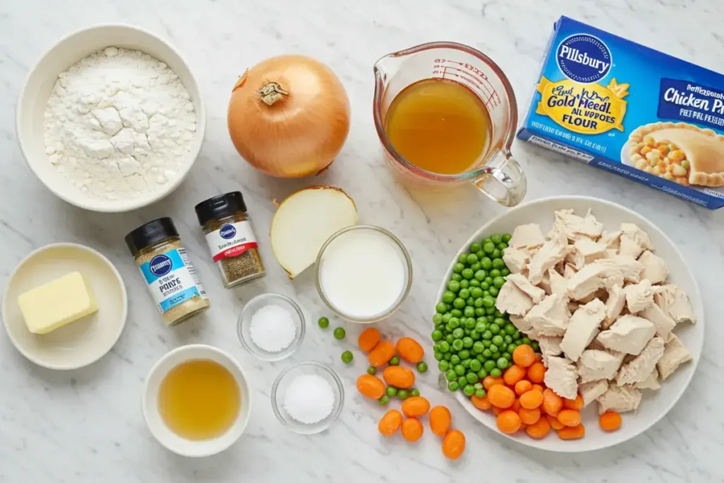 Ingredients for Pillsbury chicken pot pie recipe laid out