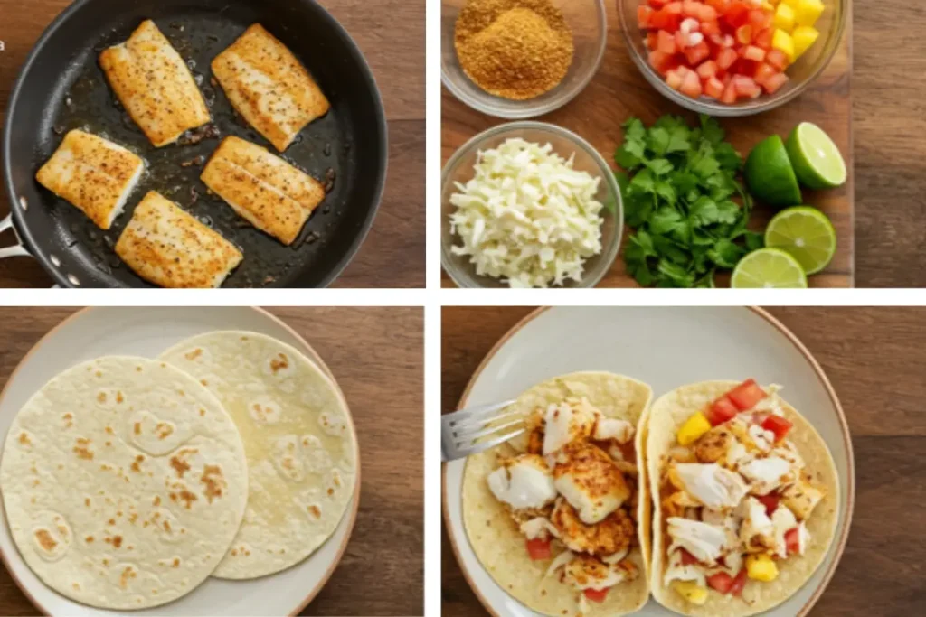 Step-by-step process for making recipe for fish tacos with halibut