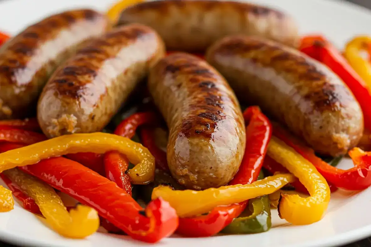 Chicken sausage in air fryer with bell peppers on a white plate.
