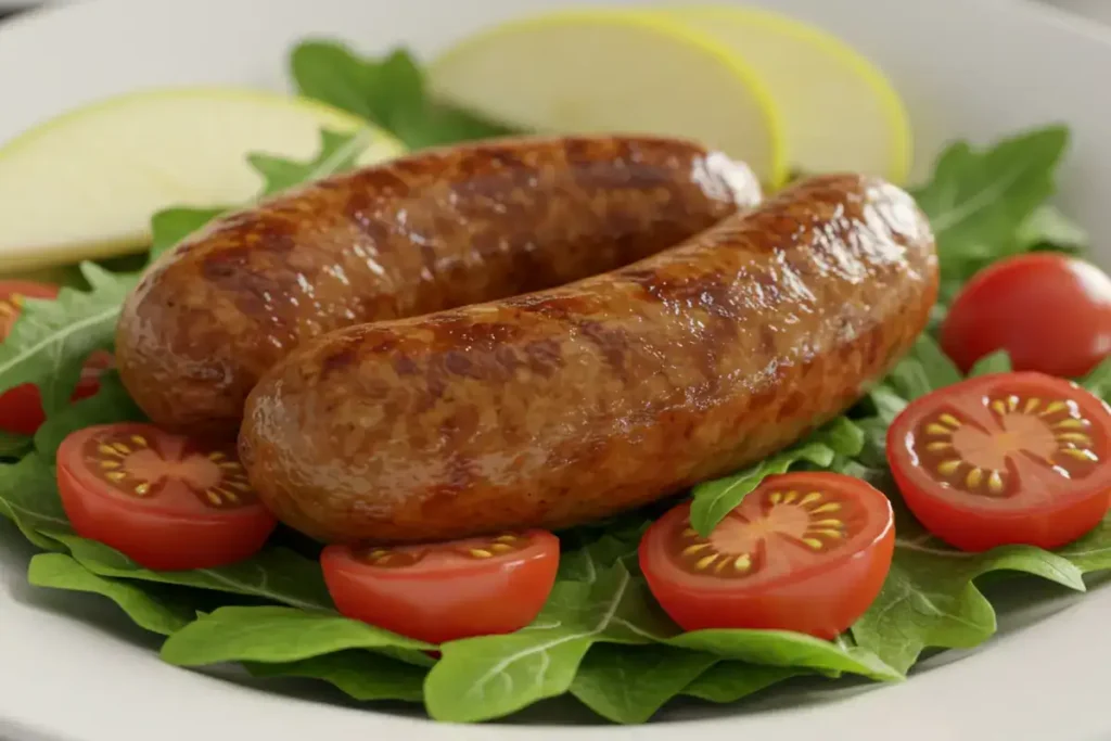 Chicken sausage in air fryer with fresh salad on a white plate.