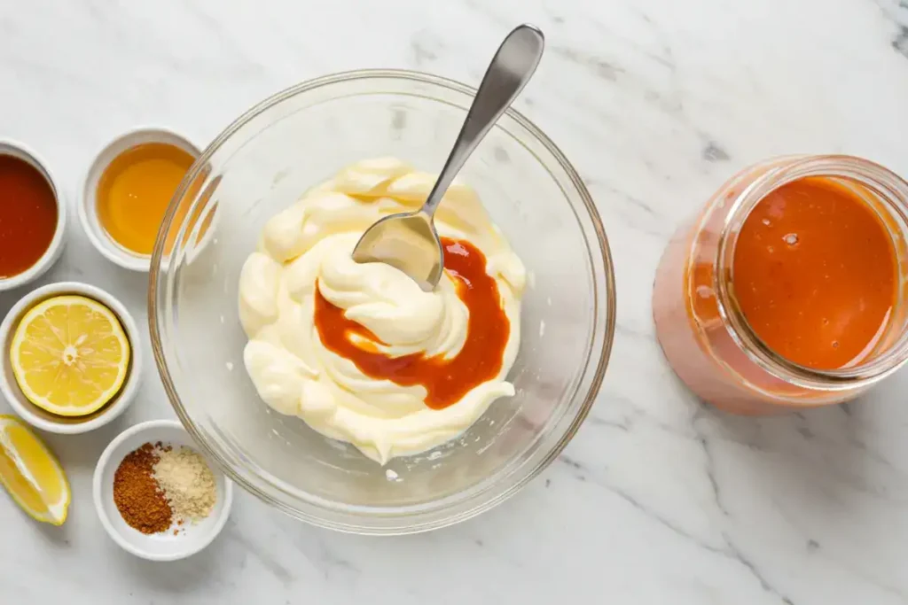 Steps to make creamy sriracha sauce at home.