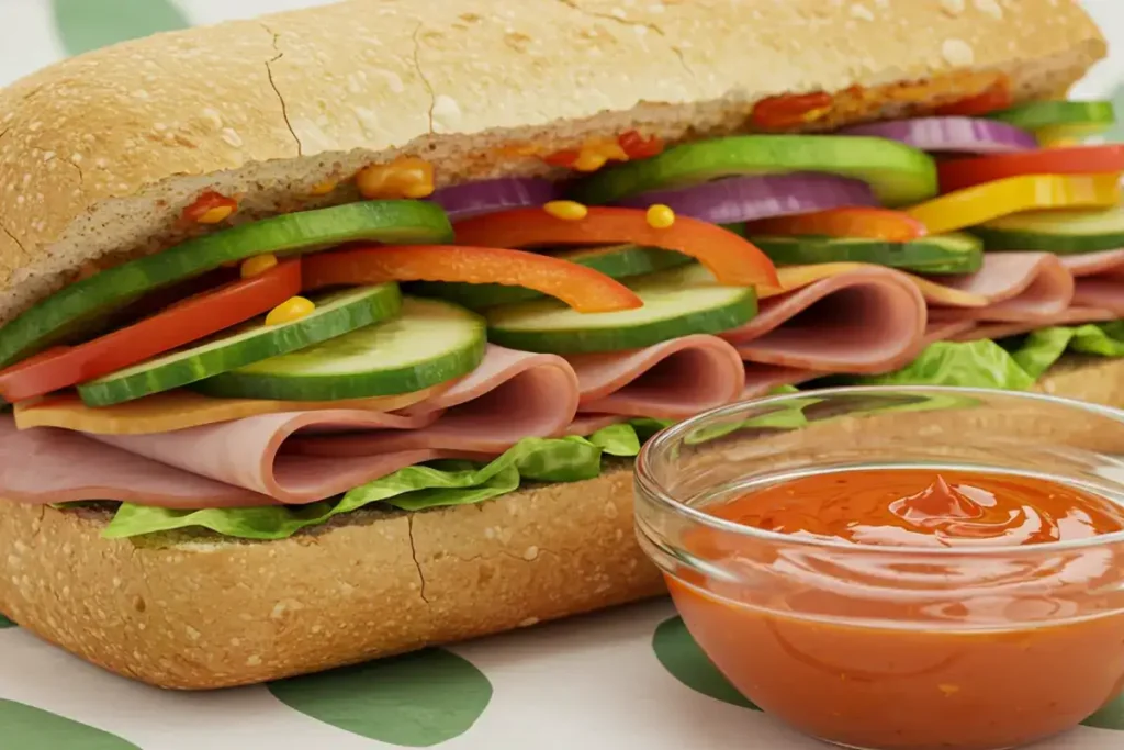 Sandwich with creamy sriracha sauce on top.