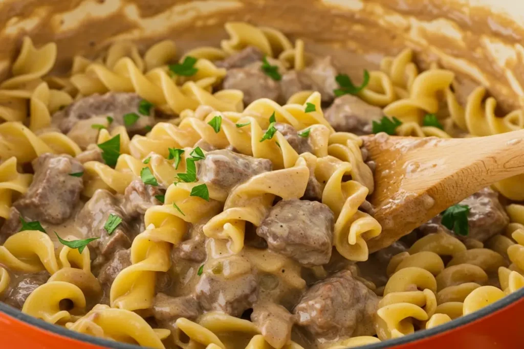 beef stroganoff without mushrooms, creamy and savory dish.