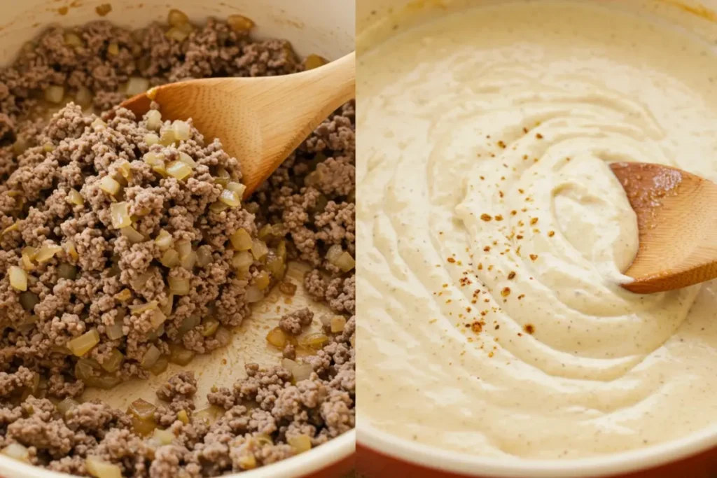 beef stroganoff recipe no mushrooms​​, beef prep and sauce