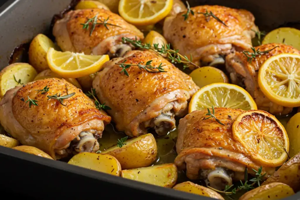 Greek lemon chicken with potatoes, roasted to perfection