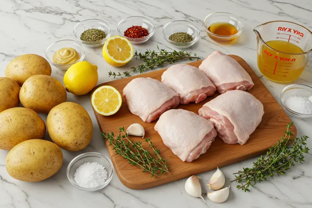 Essential ingredients for Greek lemon chicken with potatoes.