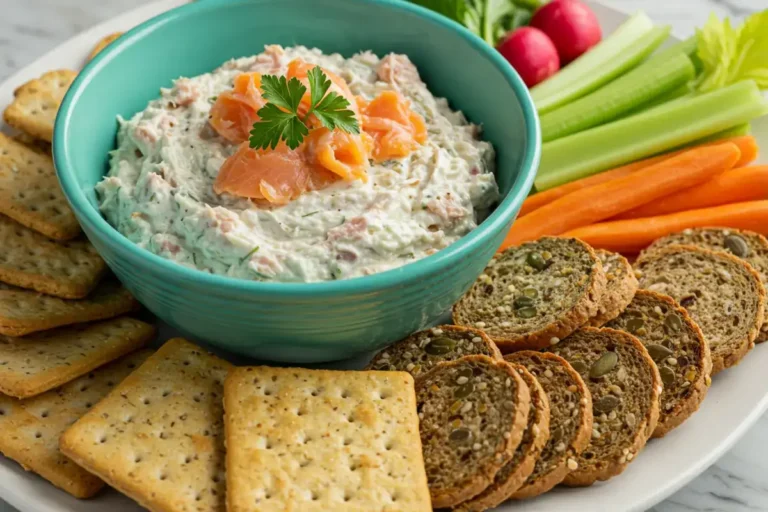 Smoked fish dip recipe served with veggies and crackers.