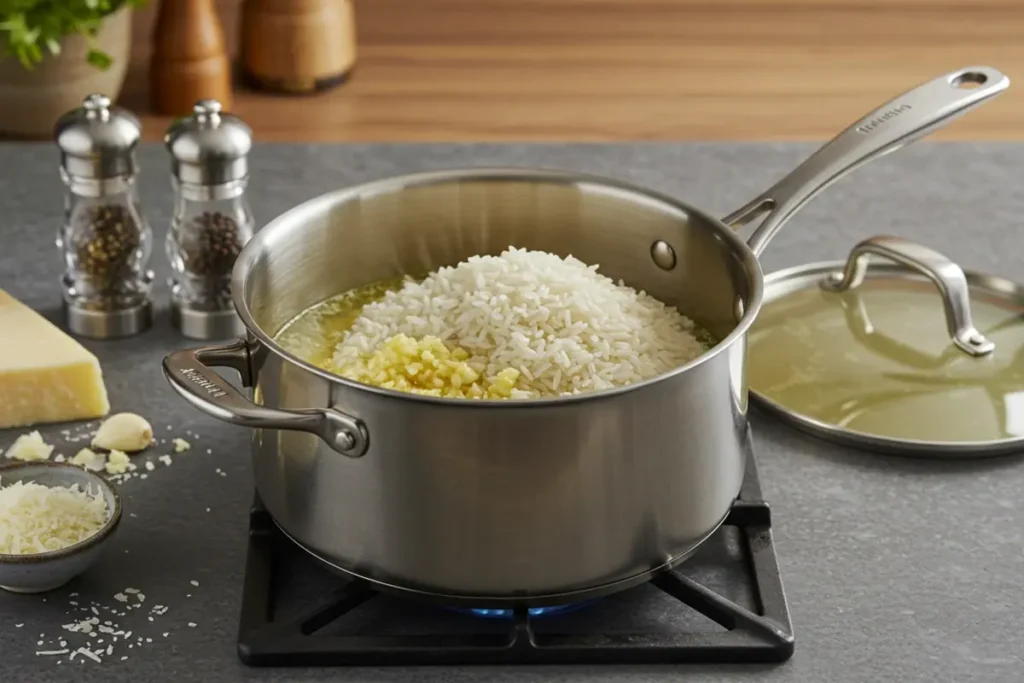 Cooking chicken scampi with garlic parmesan rice dish