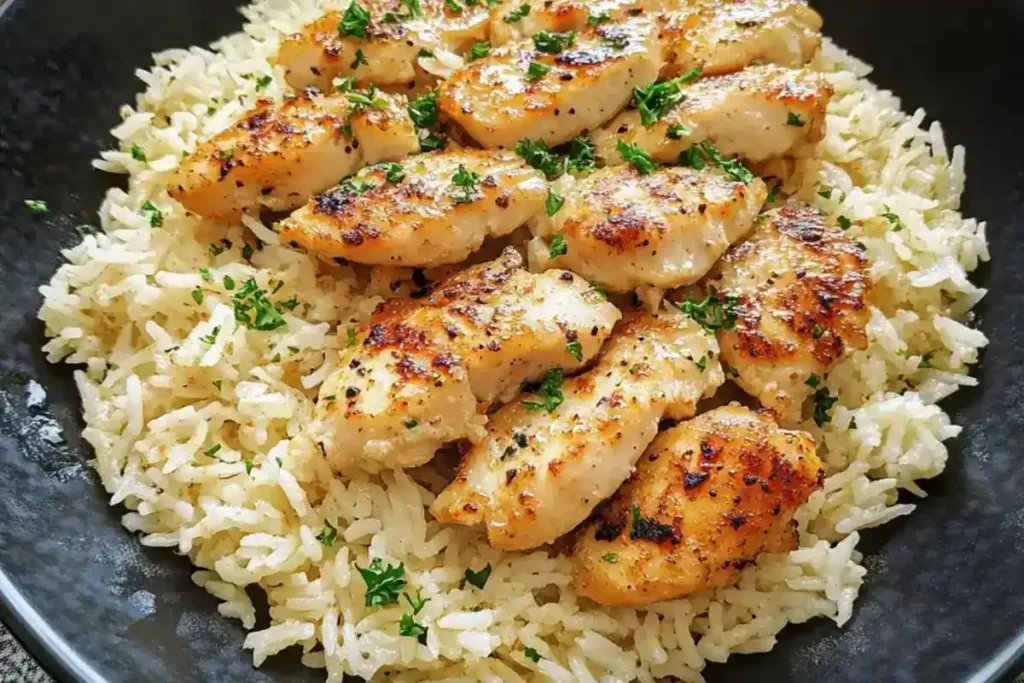 Chicken scampi with garlic parmesan rice on a black plate