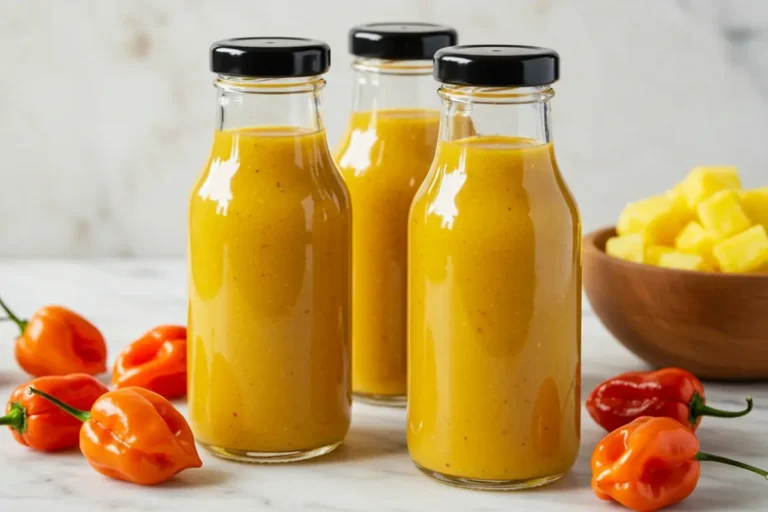 Spicy-sweet pineapple habanero sauce in glass jar