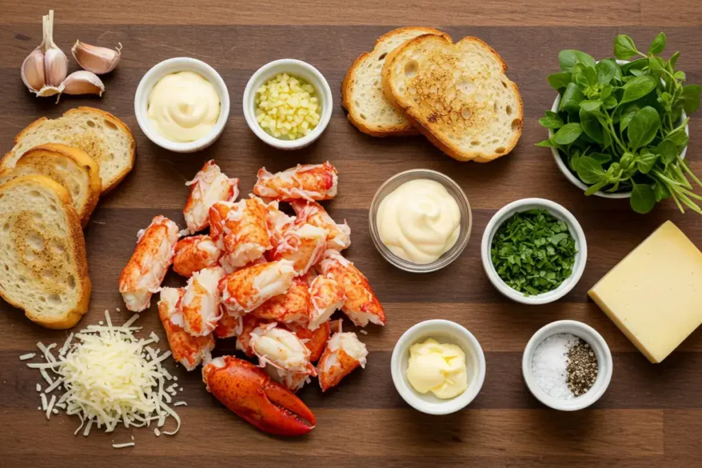 Lobster grilled cheese ingredients on a table