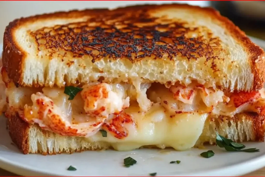 Lobster grilled cheese sandwich served on a plate 