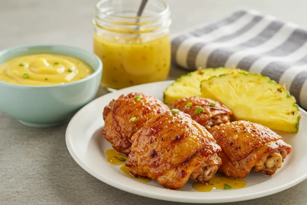 Chicken thighs served with pineapple habanero sauce